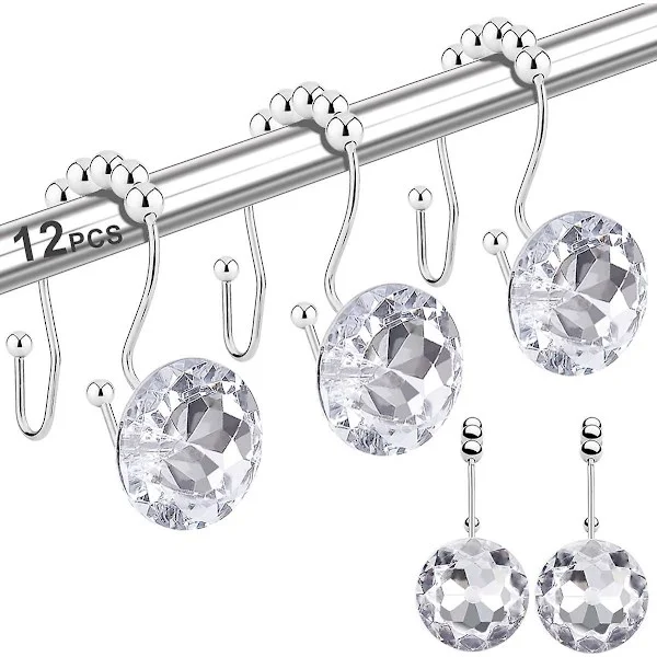 12 st Duschdraperi Krokar Ringar För Badrum, Dubbla Krokar Glider Rostfria Kristall Strass Krokar Stänger Gardiner Och Foder