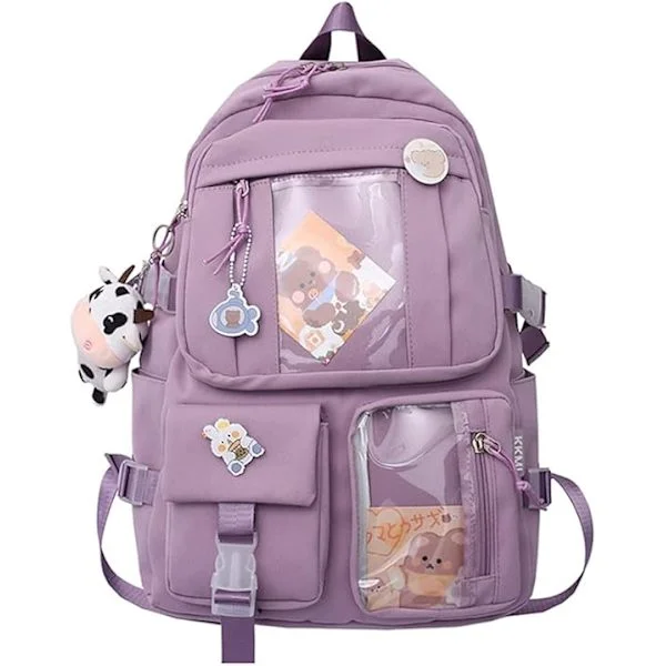 Kawaii Backpack with Pendant, Large Capacity Cute Bear Accessory Backpack for School Multi Pocket Rucksack for Teenage Girls Cute Kawaii Backpacks