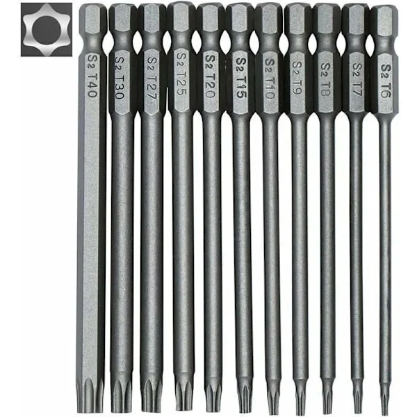 Set med 11 långa Torx-bits för skruvdragare och borrmaskiner - Magnetiska bits - 1/4" sexkantsskaft - Storlekar T6 till T40 - Längd 100 mm