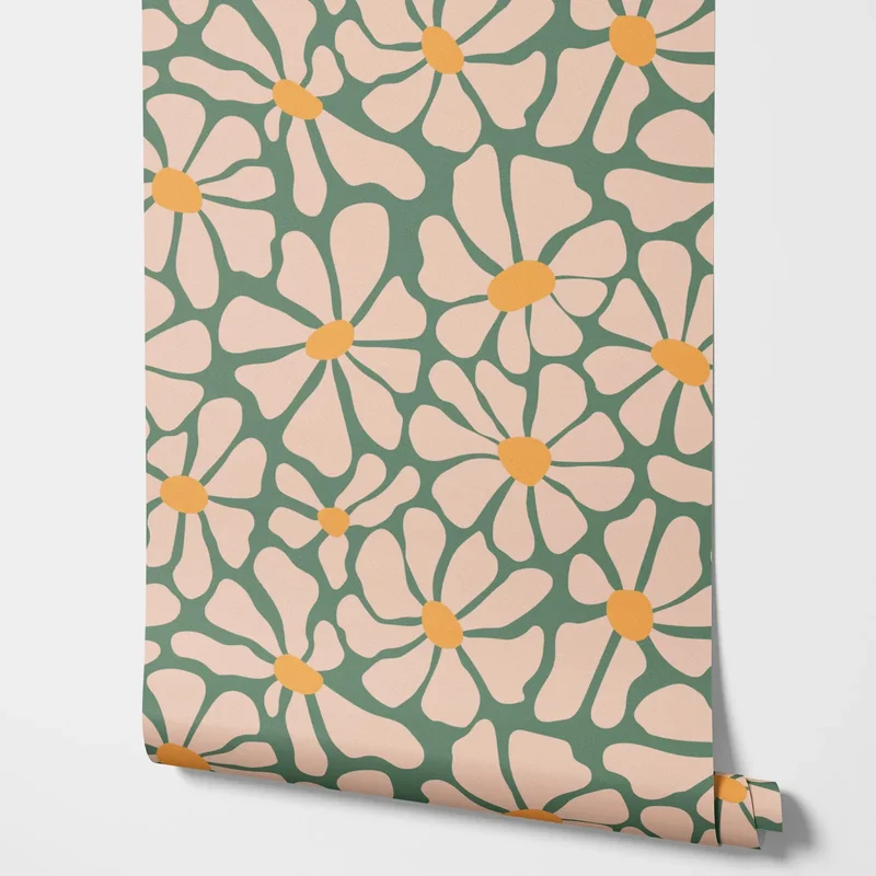 AliExpress - Funky Daisy Wallpaper, Retro-Grün-Orange-Dekor-Tapeten zum Abziehen und Aufkleben oder traditionelles botanisches Blumen-Wandbild für 