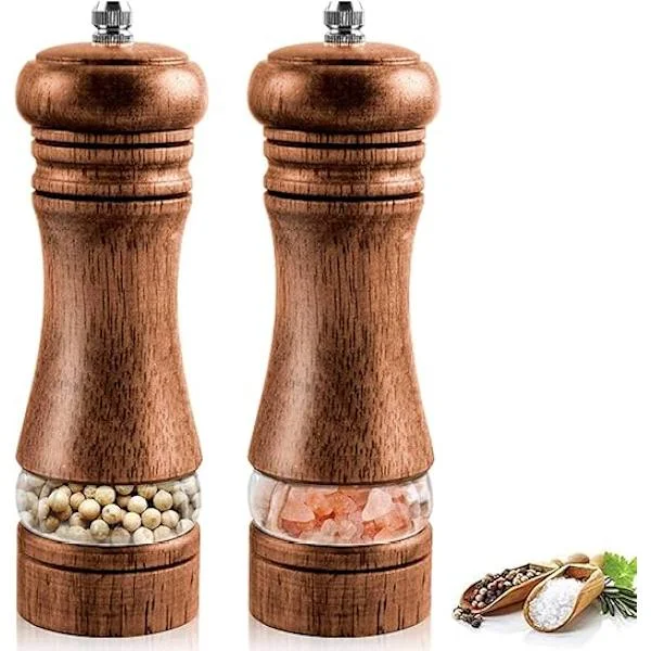 Salt- och pepparkvarn, set med 2 salt- och pepparkvarnar i trä, manuell salt- och pepparkvarn, justerbar keramisk kryddkvarn, salt- och pepparkvarn 6 