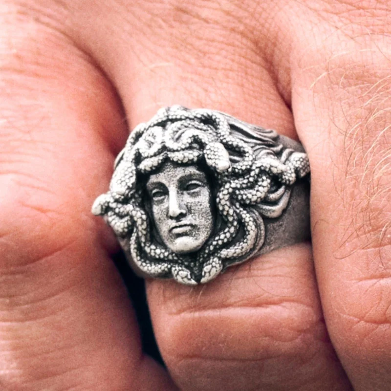 Obelius | Anillo sello de Medusa en plateado vintage para hombres - Anillos tipo sello