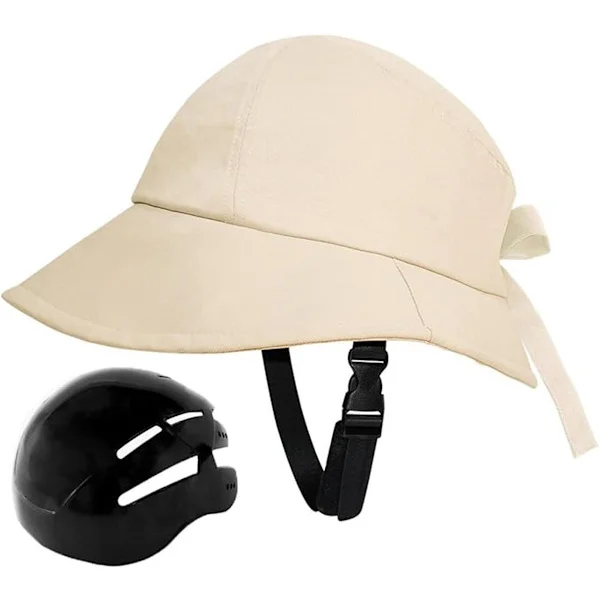 Sykkelhjelm Solhatt, Bred Skygge, UV-beskyttelse, Justerbar Hakestropp, Lett Polyester for Kvinner Jenter Pendling, 60 cm Beige