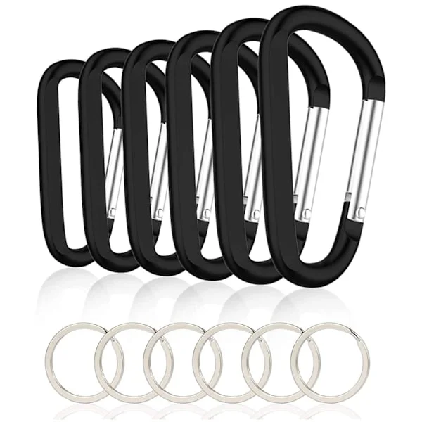 6PCS 3 tum svarta karbinhakar i aluminium med nyckelringar, lätta fjäderkrokar för nyckelringar, ryggsäckar och daglig användning