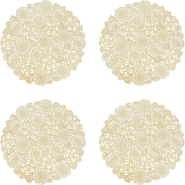 Set med 4 bordstabletter, runda bordstabletter i roséguld, bordstabletter för matsal och köksbord, tvättbara bordstabletter (roséguld, stil L, 38 cm)
