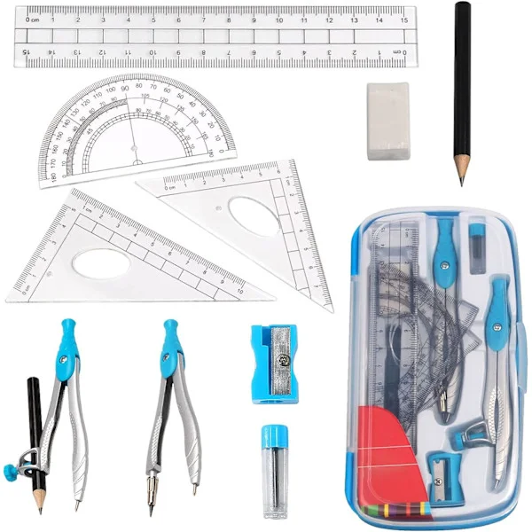 Matematikset, 10 delar gradskiva geometriset, metallkompass matematik med suddgummi linjal, gradskiva och kompassset, matematikset (blå)