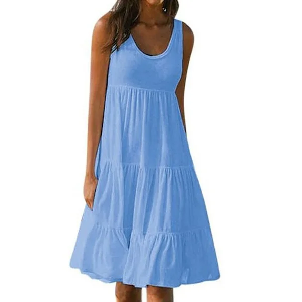 Dam sommar cover-up klänning, dam semester strand casual lös volang miniklänning, himmelsblå