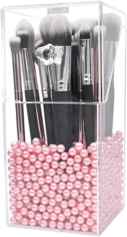 Makeupbørsteholder Organizer med låg, Akryl gennemsigtig Organizer Opbevaring Støvtæt boks - Akryl Makeupbørsteholder med rosa perler