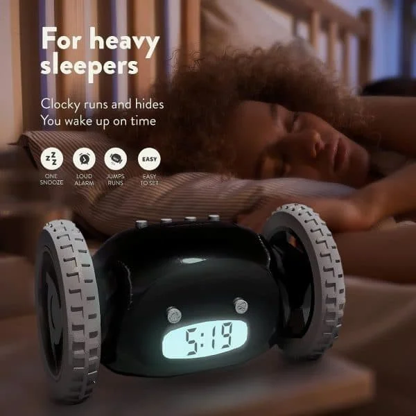Rullende vekkerklokke - ekstra høy lyd for de som sover tungt (Clockie Robo)