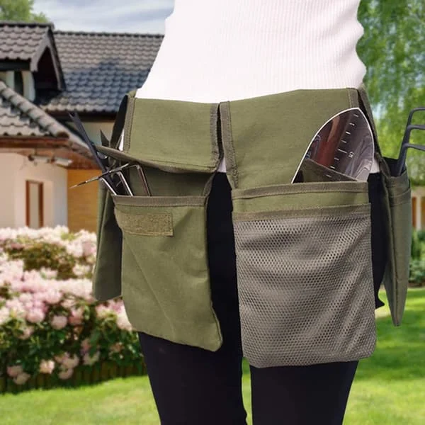 Garden Tool Belt - Canvas Hanging Belt Bag with 4 Pockets, Waist Bag for Gardening