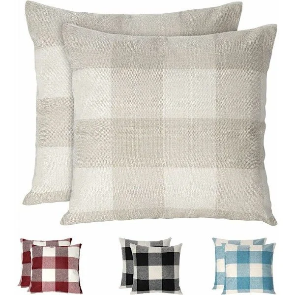 Rutiga örngott, set om 2 skrynkelfria och andningsbara örngott i linne, rutiga örngott, dekorativa örngott för hemmet, beige