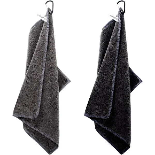 Golfhanddukar, 2-pack mikrofiberrengöringsdukar, med karbinhake, mycket absorberande, snabbtorkande, lämpliga för golfbagar och golfbollar, svart/grå.