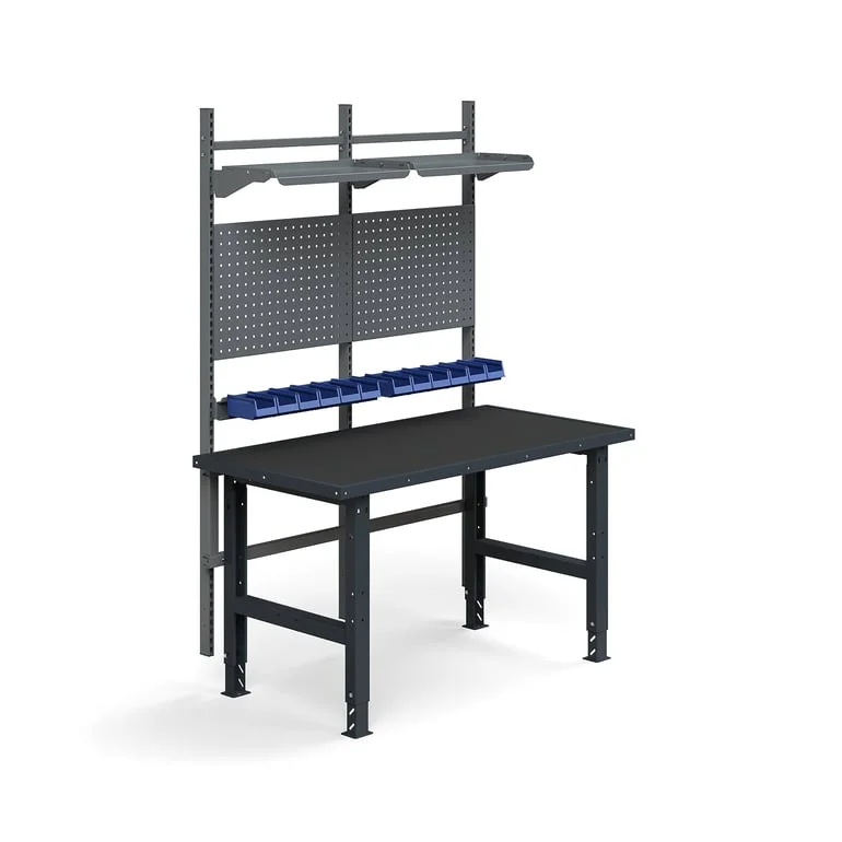 Komplett arbeidsbord, verktøytavler, plastbakker, hyller, L1500 B760 mm, med beskyttelsesmatte
