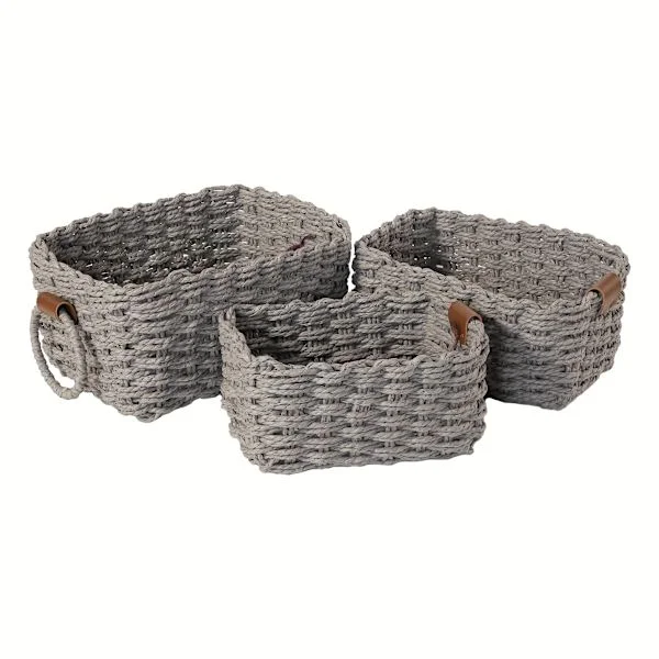 3 vävda förvaringskorgar i pappersrep med handtag, små söta presentkorgar.-CJY grey