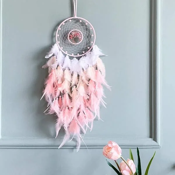 Drömfångare, rosa drömfångare med Livets träd väggdekor, naturliga helande kristallstenar, perfekt rosa kristall handgjord drömfångare.