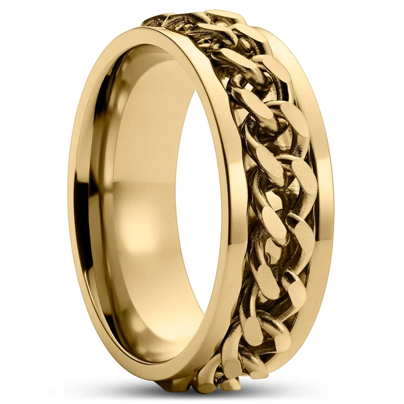 Sentio | Anillo de acero inoxidable con cadena barbada dorado para hombres - Anillos de acero