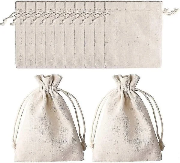 Pakke med 12 Små Bomuldsposer, 12*17cm Beige Bomulds Snøreposer Naturlige Små Stofposer Til Smykker, Gaver, Fyldning af Stofposer