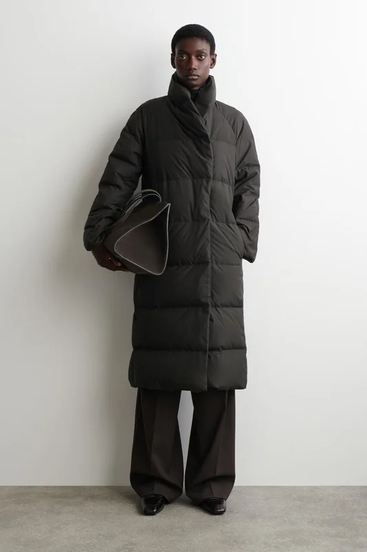COS Women's Shawl Collar Quilted Down Long Coat in Brown