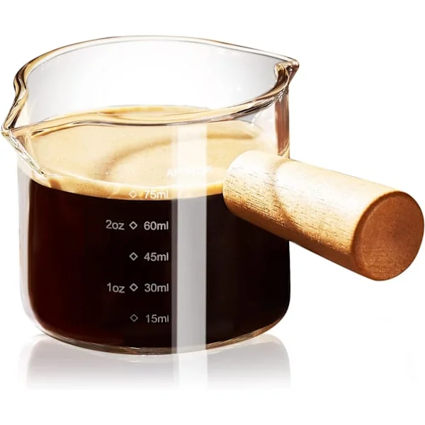 Espressokopper med træhåndtag, dobbeltudløbs glasmålekop med dobbelt skala, espressoshotglas med V-formet mund