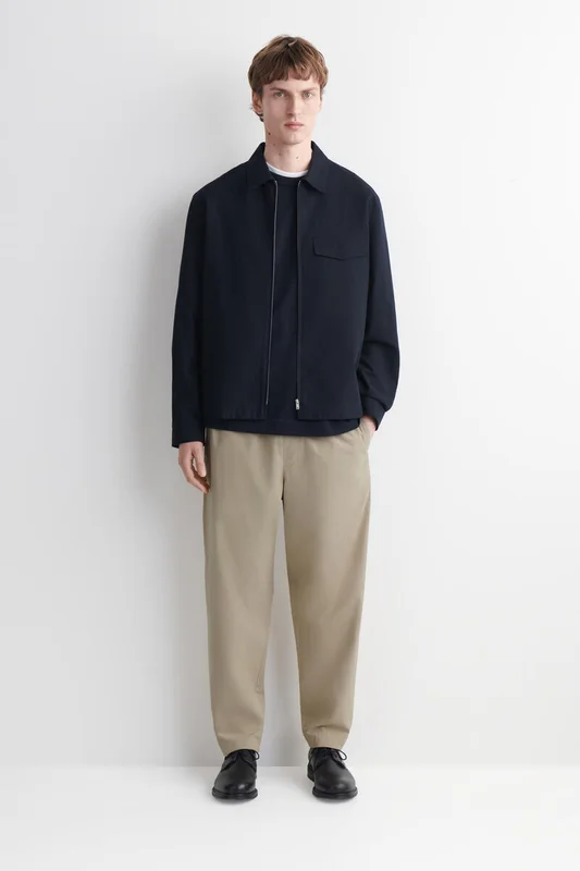 COS Men's Elasticated Cotton Regular Fit Tapered Trousers in Beige