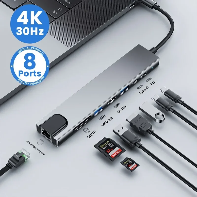 AliExpress - USB C Hub 8In1 7in2 7in1 Typ C 3.1 auf 4K HDMI Adapter mit RJ45 SD/TF Kartenleser PD Schnellladung für MacBook Notebook Laptop