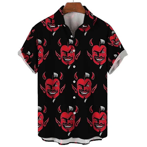 Herre Skjorte Hawaiiansk Cubansk Krave Djævleprint Mode Skjorte Til Mænd Streetwear Sommer Kortærmet Top Trendy Nyt Herretøj