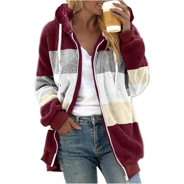 Luvtröja dam teddyfleece kappa övergångsjacka med huva med fickor dragkedja höst vinter plyschjacka fleecejacka vinter XL J Vin