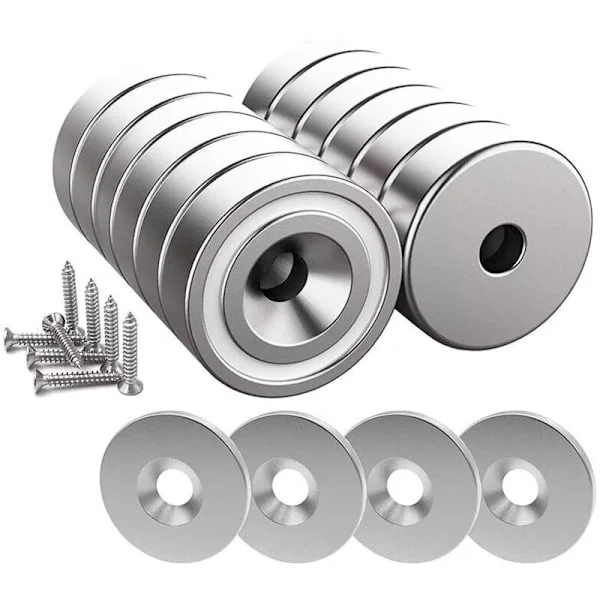 Sett med 12 neodymmagneter, 10 kg – Dimensjoner 20 x 7 mm med hull og kapsel – 12 stålplater inkludert – Enkel installasjon