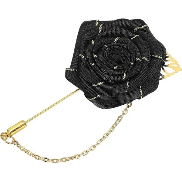 Reversnål til mænd, stof, rosenblomst, jakkesæt, håndlavede boutonnieres med blad og kant/kvastkædebroche, brudgom, bryllup, sort - sort