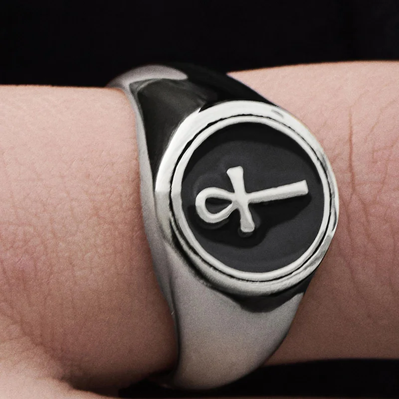 Anillo sello de acero Ankh para hombres - Anillos tipo sello