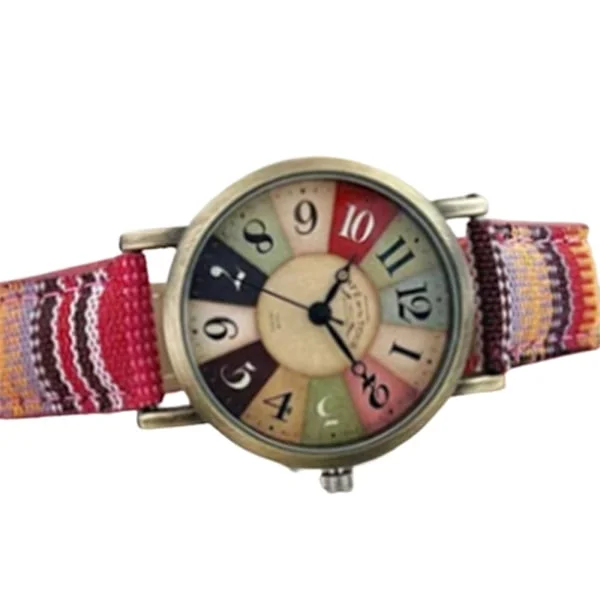Dame Retro Boheme Boho Hippie Ur Dame Blød Flettet Flerfarvet Regnbue Mønster Vævet Rem Armbåndsur
