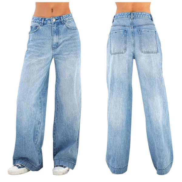 Dame Wide Leg Denim Jeans Højtaljede Løse Straight Denim Bukser