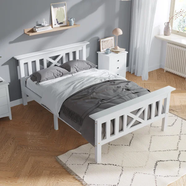 Träsäng, enkelsäng bestående av sängram med ribbotten, träsäng med huvudgavel – 90 x 200 cm, massivt trä, barnsäng, ungdomssäng i massiv furu, vit