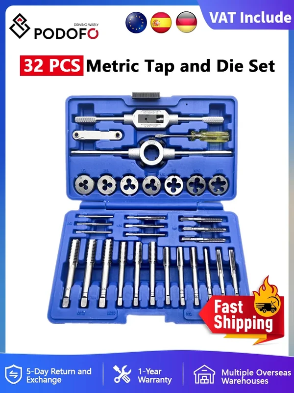 AliExpress - Podofo 32PCS Multi-Size Tap en Die Set Draagbare Thuis Kranen Platen Tool Hardware Tool Metrische Wrench Cut M3-M12 Hand Threading Tool