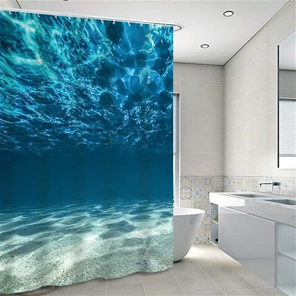 Blue Mold Resistant Shower Curtain with Hooks Fabric Shower Curtain
