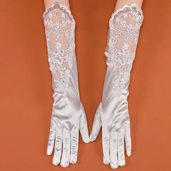 2 st/1 par brudtärna bröllopshandskar spets paljett mesh blommiga handskar opera mode fest bröllopsklänning långa handskar Ivory White