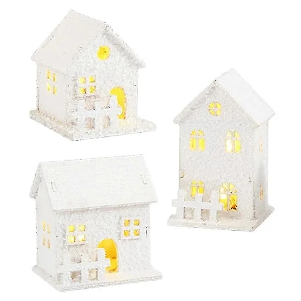 3-delad Julby Belyst Vit, Mini Fyrhus Gästhus, Jullykta LED, Dekorativt Trähus Skandinavisk, Juldekoration
