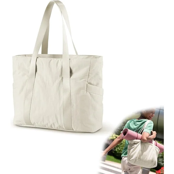 Large Waterproof Duffel Bag, Off-White, Tote Bag with Yoga Mat Buckle, for Travel, Gym, and Shopping