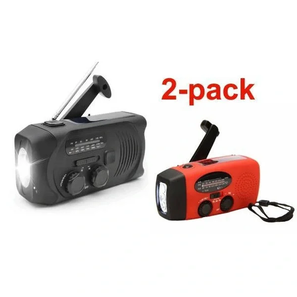 Tvåpack svarta och röda handvevade radioapparater, utrustade med solpaneler, ficklampa och en 2000mAh powerbank för nödsituationer.