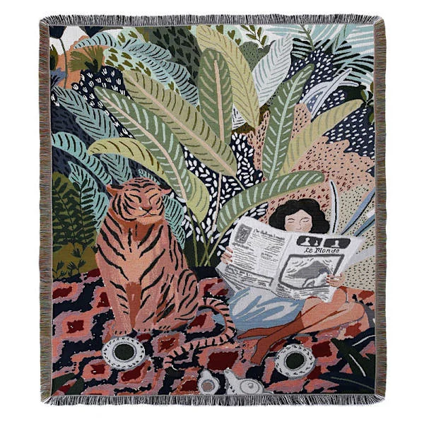 1 stk 160x130cm strikket tiger og kvinde tæppe tæppe dekoreret