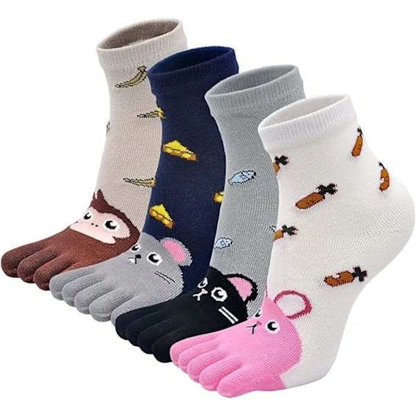 Children's Cotton Toe Socks, Boys Toe Socks, Fun Socks with Cute Animal Motifs, Socks for Children 7-12 Years, 4 Pairs