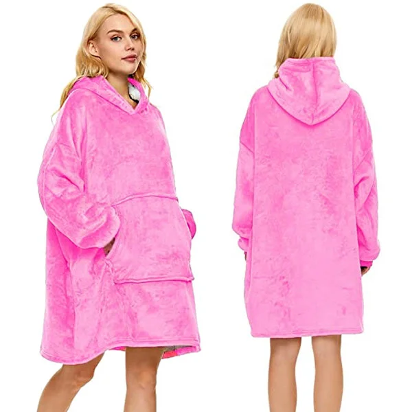 Varm Oversized Teppegenser XXL 2-i-1 – Myk Rosa Fleece med Hette, Lomme og Polstret Innside for Maksimal Hygge
