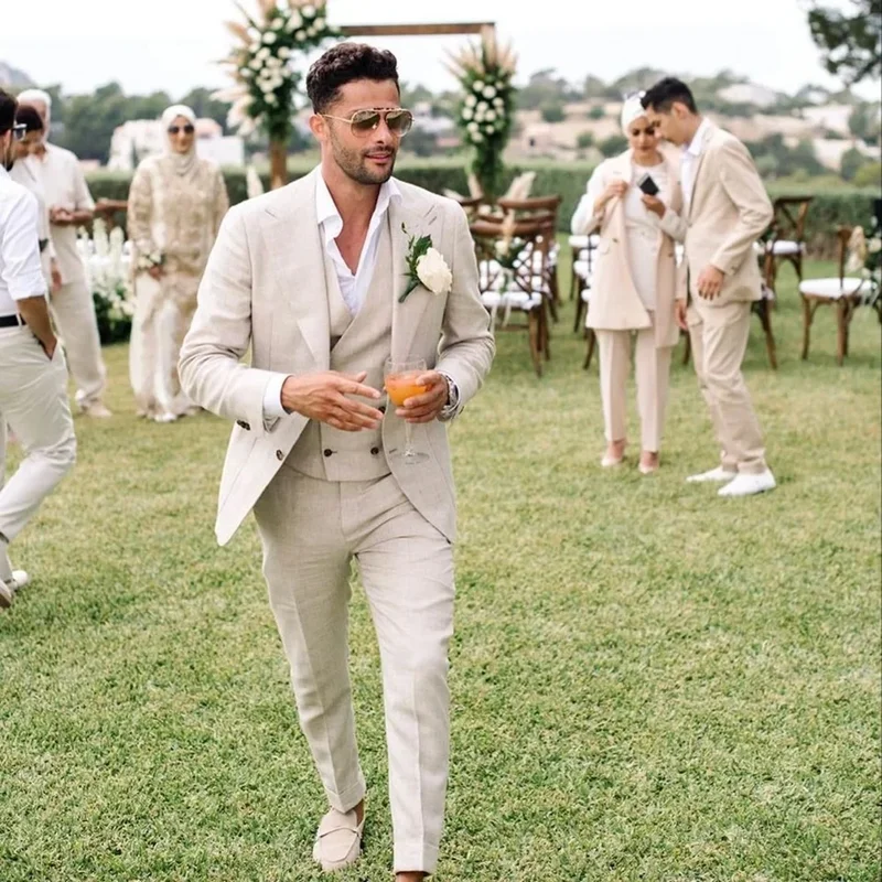 AliExpress - Zomer Linnen Mannen Pakken 3-delig Chic Single Breasted Piek Revers Outfits Mode Dagelijks Casual Slanke Bruidegom Bruiloft Tuxedo