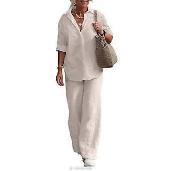 【BEMS】Sett Trendy Dame Uformell Skjorte Bukser Klær Plus Size Bomull Lin Topp Vide Ben Bukser Løst Antrekk Pendling (XL Aprikos)