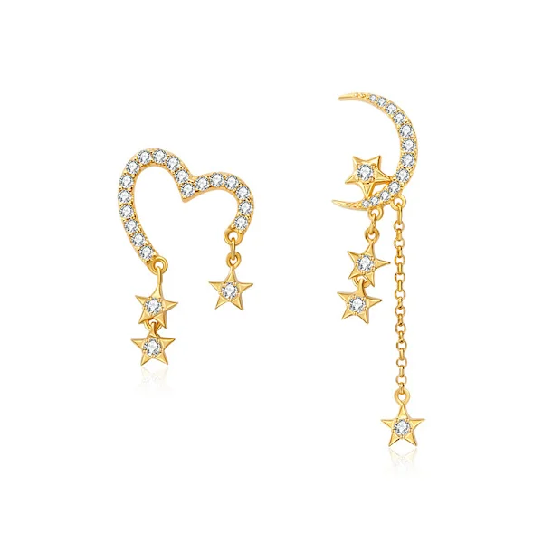 Moon Star Dangle Earrings (Gold), Asymmetric Drop Earrings for Women and Girls
