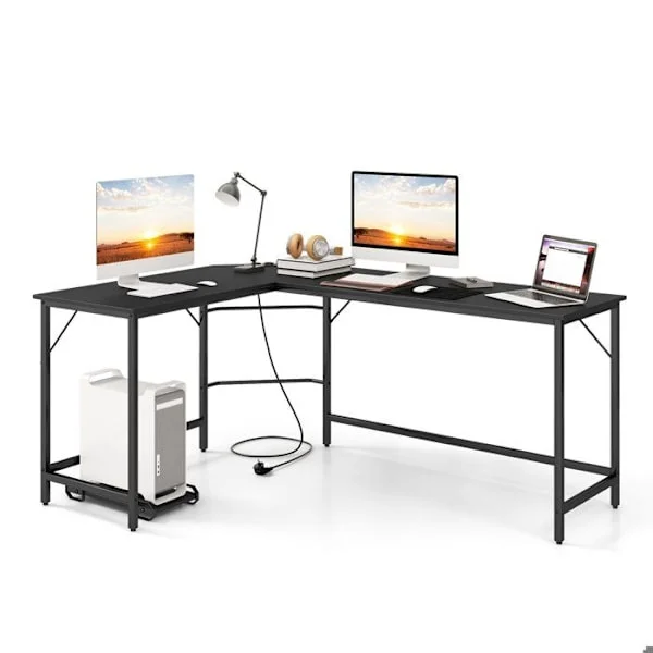 COSTWAY 168 x 125 cm hörnskrivbord med CPU-hållare, 2 eluttag och USB- och typ C-port, robust metallram, svart