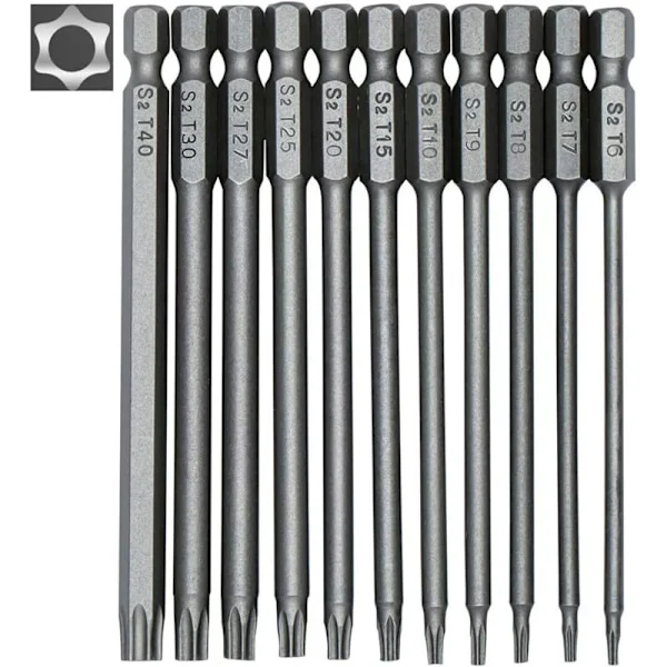 Set med 11 långa bits för skruvdragare och elektriska skruvdragare - Magnetiska bits - 1/4" sexkantsskaft - Storlekar T6 till T40 - Längd 100 mm