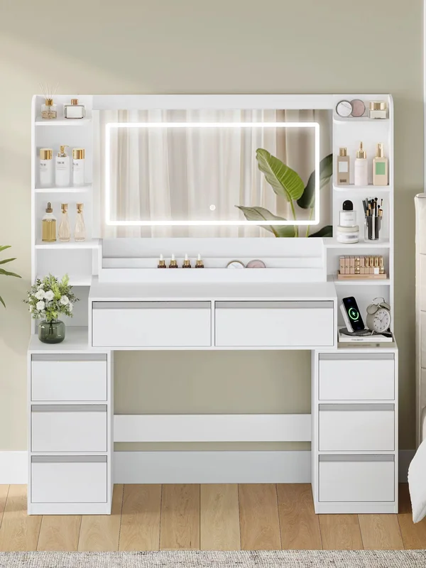 AliExpress - Kaptafel met grote spiegel, kaptafel en haardrogerhouder, 8 lades, open vakken, modern wit en zilver
