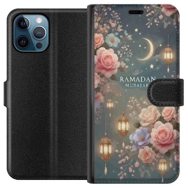 Kompatibelt Plånboksfodral till Apple iPhone 12 Pro Max Ramadanmotiv med blommor, lyktor och halvmåne i mjuka rosa och grå toner, dekorativ och festl
