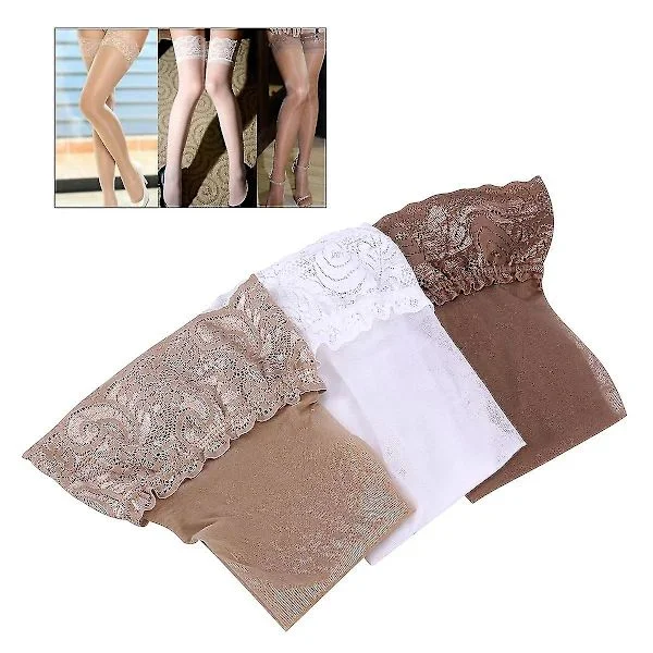 3 par Anti-skli silikon lårhøye strømper sexy blonder trimmet undertøy benstrømper strømper (hvit & kaffe & hudfarge)